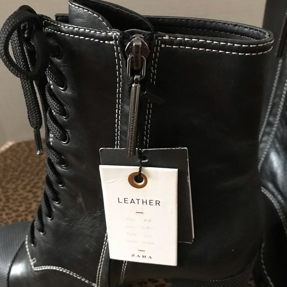 Zara Leather High Heel Ankle Boots Lug Soles Black - Picture 8 of 10